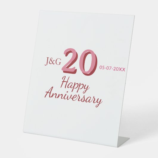 Signe De Table monogramme gras nom date rose 20e anniversaire (Recto)
