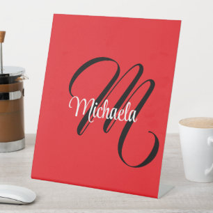 Signe De Table Monogramme initial nom moderne minimaliste rouge