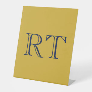 Signe De Table Monogramme Lettres Initiales Or & Bleu Simple