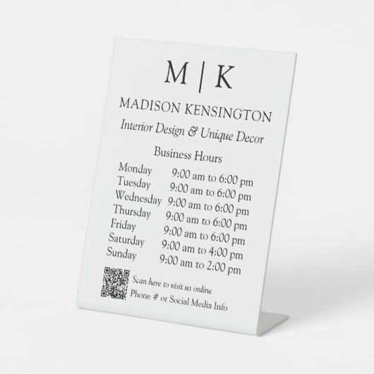 Signe De Table Monogramme ou ajouter un logo Heures d'ouverture Q (Recto)