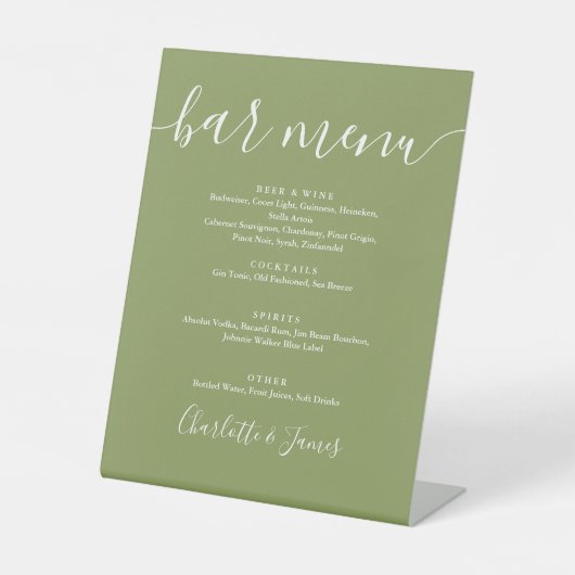Signe De Table Moss Green Elegant Script moderne Mariage Bar Menu (Recto)