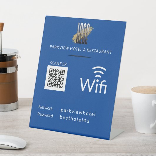 Signe De Table Mot de passe réseau Wifi simple Code QR Logo Bleu (In SItu)