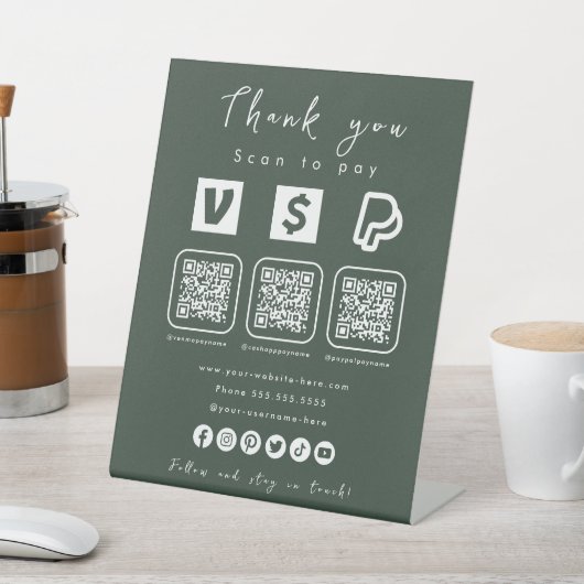 Signe De Table Multi QR Code Paypal Venmo Cash App Forest Green (In SItu)