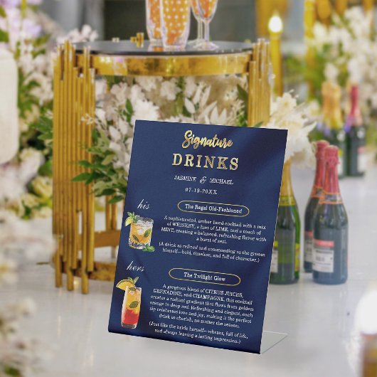 Signe De Table Navy Blue & Gold Simple Wedding Signature Drinks