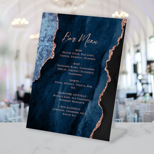 Signe De Table Navy Blue Rose Gold Agate Wedding Bar Menu