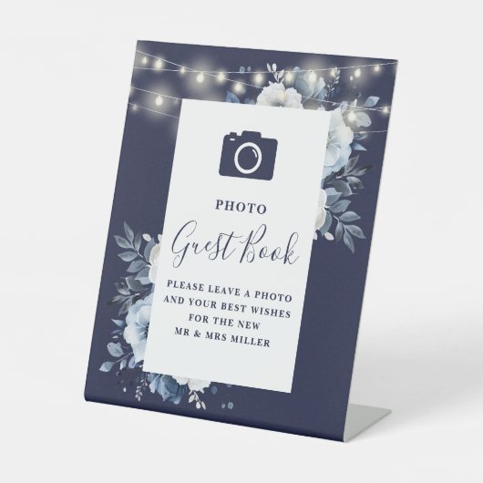 Signe De Table Navy Blue Rustic Floral Photo Mariage du livre d'o (Recto)