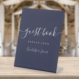 Signe De Table Navy Blue Signature Script Livre d'invité Pedestal