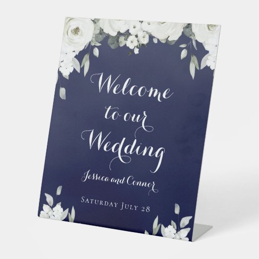Signe De Table Navy & White Peony Bienvenue À Notre Mariage (Recto)