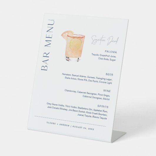 Signe De Table NEVE Mariage Bar Menu, Signature Boire (Recto)
