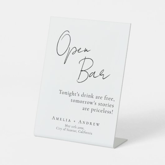 Signe De Table Noir Blanc Script élégant Mariage Open Bar (Recto)
