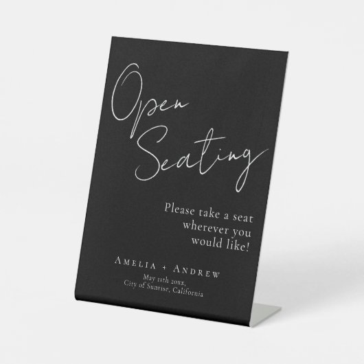 Signe De Table Noir Blanc Script élégant Mariage Open Seating (Recto)
