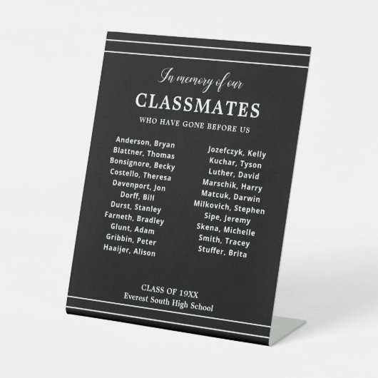 Signe De Table Noir En Mémoire Des Classmates Noms Classe Réunion (Recto)