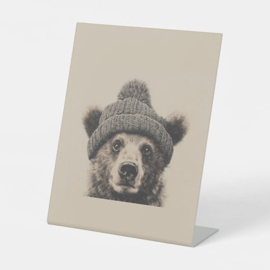 Signe De Table Nounours dans un bonnet - Drôle d'animal d'hiver (Recto)