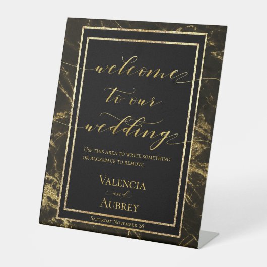 Signe De Table Nuits En Granite & Or Bienvenue À Notre Mariage (Recto)