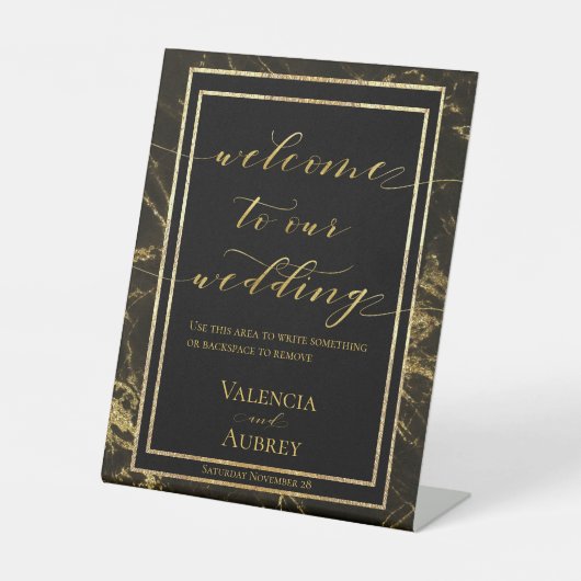 Signe De Table Nuits En Granite & Or Bienvenue À Notre Mariage (Recto)