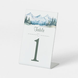 Signe De Table Numéro de table de mariage à la montagne aquarelle