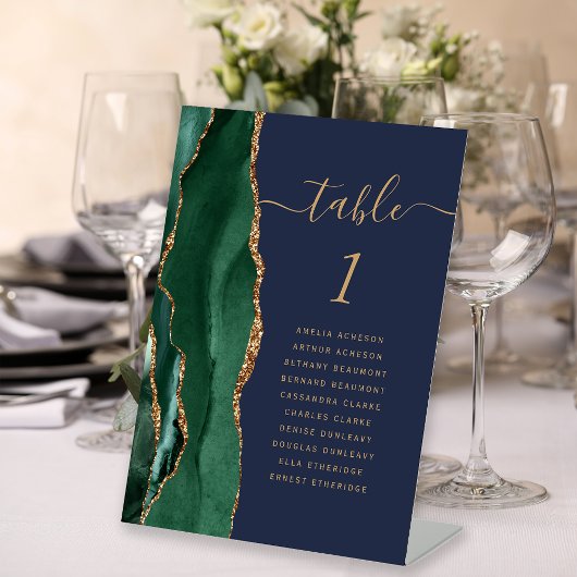 Signe De Table Numéro de table de mariage Navy Agate Or Vert Emer
