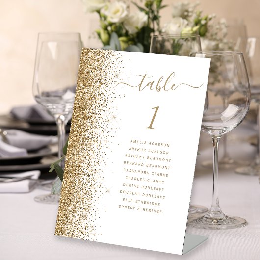 Signe De Table Numéro de table de mariage pailleté blanc et or