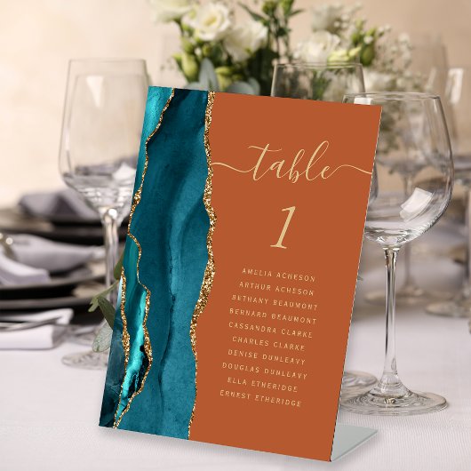 Signe De Table Numéro de table de mariage Teal Gold Agate Orange