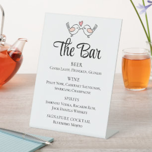 Signe De Table Oiseaux d'amour mignons Noir Rose Mariage Bar