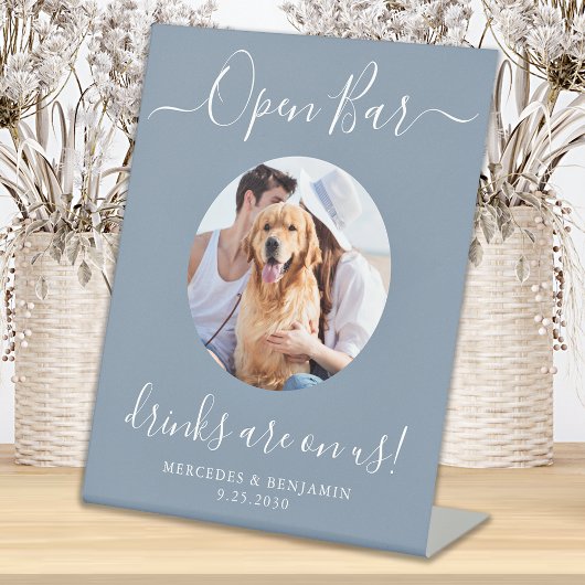Signe De Table Open Bar Personnalisé Dusty Blue Pet Chien Mariage