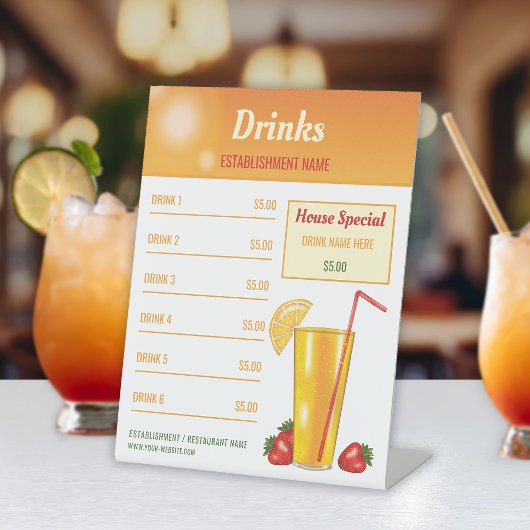 Signe De Table Orange Tropical Drink Menu Pour Un Bar Ou Un Resta