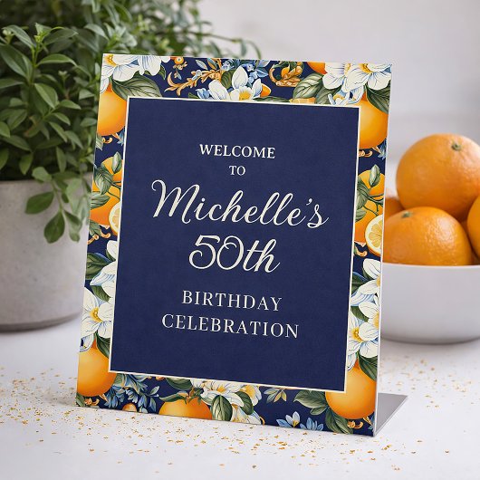 Signe De Table Oranges White Flowers Navy Blue Birthday Welcome