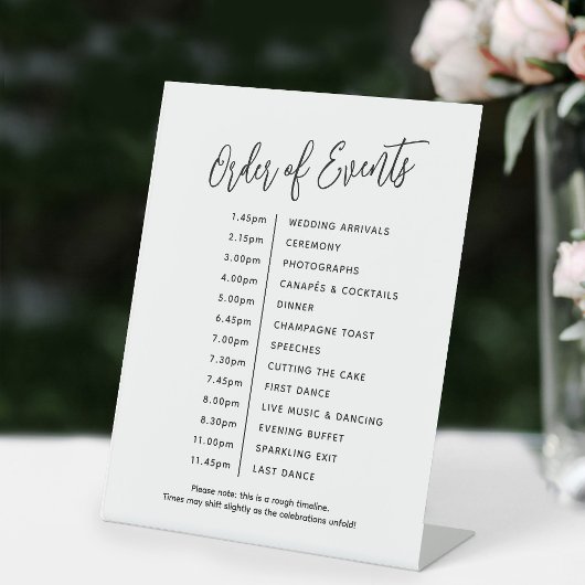 Signe De Table Ordre des événements de mariage simple noir et bla