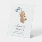 Signe De Table Ours avec 3 Ballons Bleus Affiche de bienvenue (Recto)