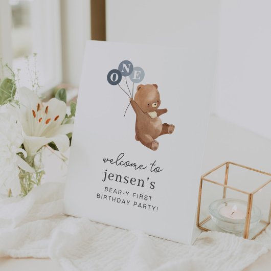Signe De Table Ours avec 3 Ballons Bleus Affiche de bienvenue