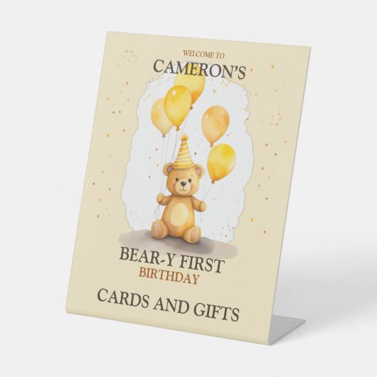 Signe De Table Ours Premier anniversaire Sexe Ours jaune neutre (Recto)