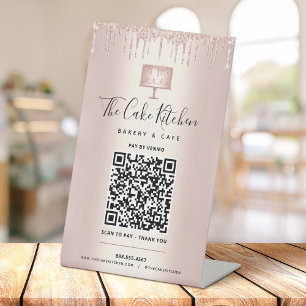 Signe De Table Paiement Code QR Ici Gâteau Paillettes Rose Gold B