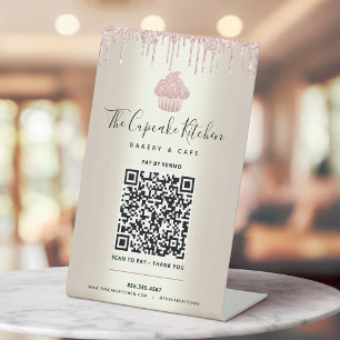 Signe De Table Paiement par Code QR Ici Cupcake Rose Pailleté Or 