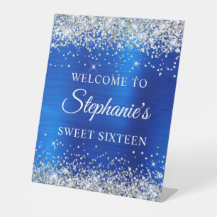 Signe De Table Paillettes Argent Royal Bleu Feuille Sweet Seize
