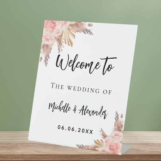 Signe De Table Pampas herbe rose or fleurs bienvenue mariage