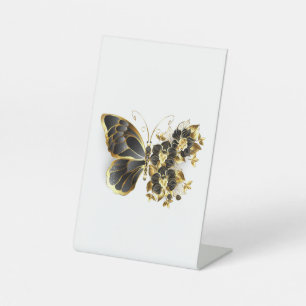Signe De Table Papillon à fleurs d'or avec orchidée noire