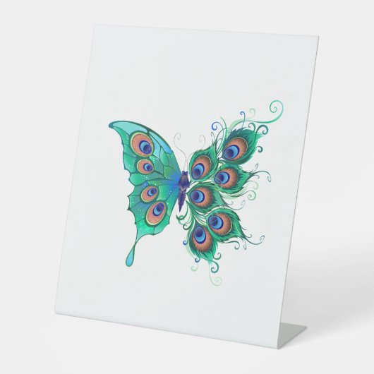 Signe De Table Papillon avec plumes de paon vertes (Recto)