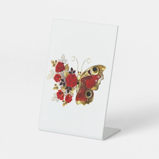 Signe De Table Papillon de fleurs rouges aux roses rouges (Recto)
