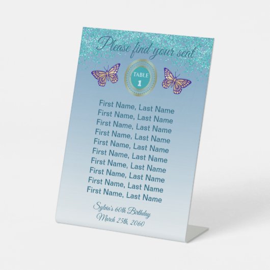 Signe De Table Papillon et Parties scintillant bleue Turquoise Nu (Recto)