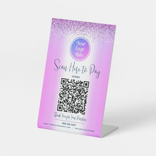 Signe De Table Parties scintillant violet QR Code personnalisé Lo (Recto)
