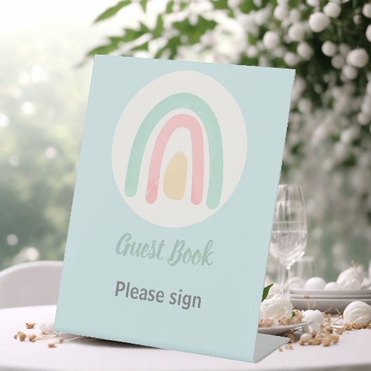 Signe De Table Pastel Minty Blue Rainbow Baby shower Livre d'or