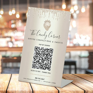 Signe De Table Payer ici avec code QR doré gouttes de brillance à