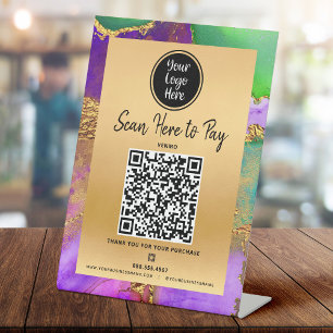 Signe De Table Payez ici Code QR Logo Or violet marbre vert