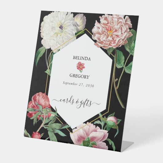 Signe De Table Peonies roses Fleurs Mariage Cartes noires Cadeaux (Recto)