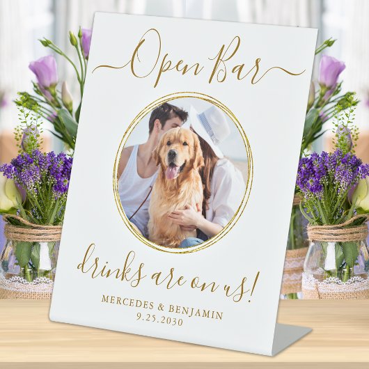 Signe De Table Pet Dog Mariage Open Bar Boissons d'or personnalis