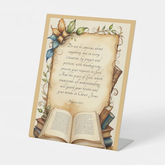 Signe De Table Philippiens 4:6-7 Bible chrétienne Verse Art (Recto)