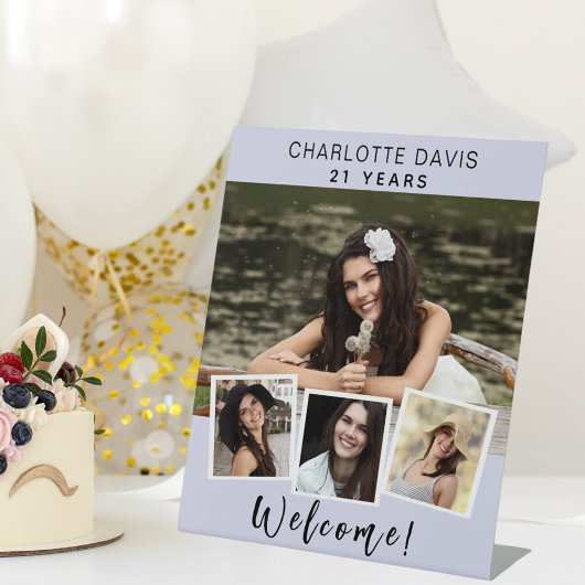 Signe De Table Photo collage lavande fête d'anniversaire bienvenu