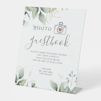 Signe De Table Photo livre d'or eucalyptus & or vert mariage