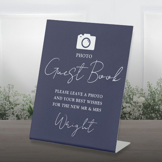 Signe De Table Photo Livre d'or Script Mariage bleu marine