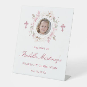 Signe De Table Photo personnalisée Première communion rose floral